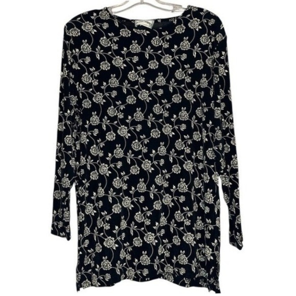 Frazier Lawrence Tunic Women Black White Floral Long Sleeve Stretch Fall USA M/L